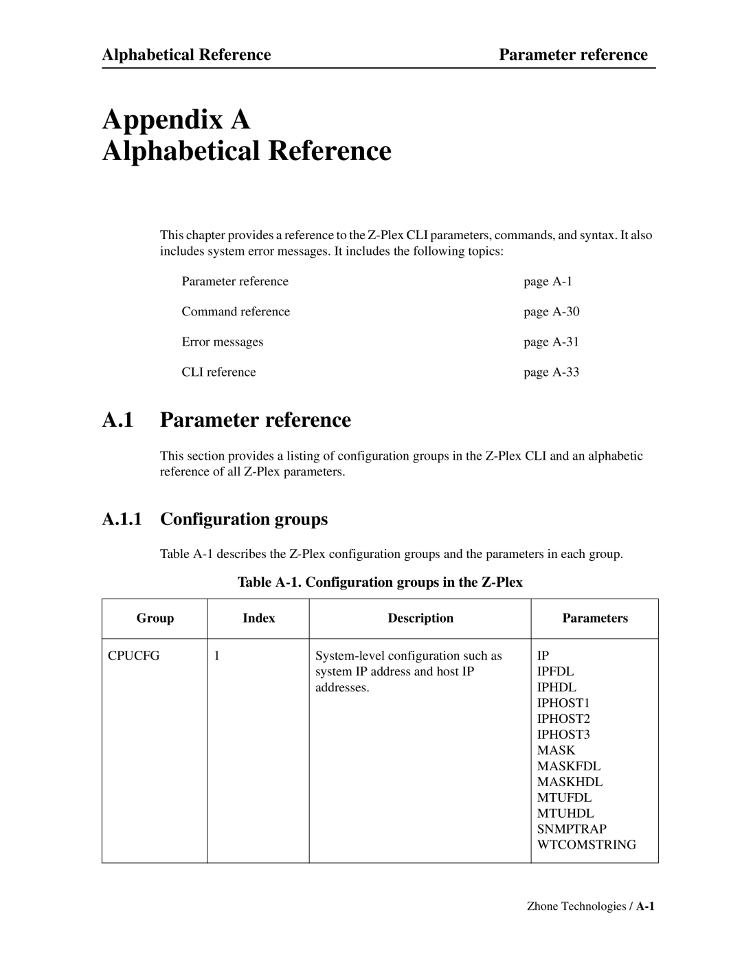 Zhone Technologies Z-PLEX-10-24-DOC-SC manual Parameter reference, Configuration groups 