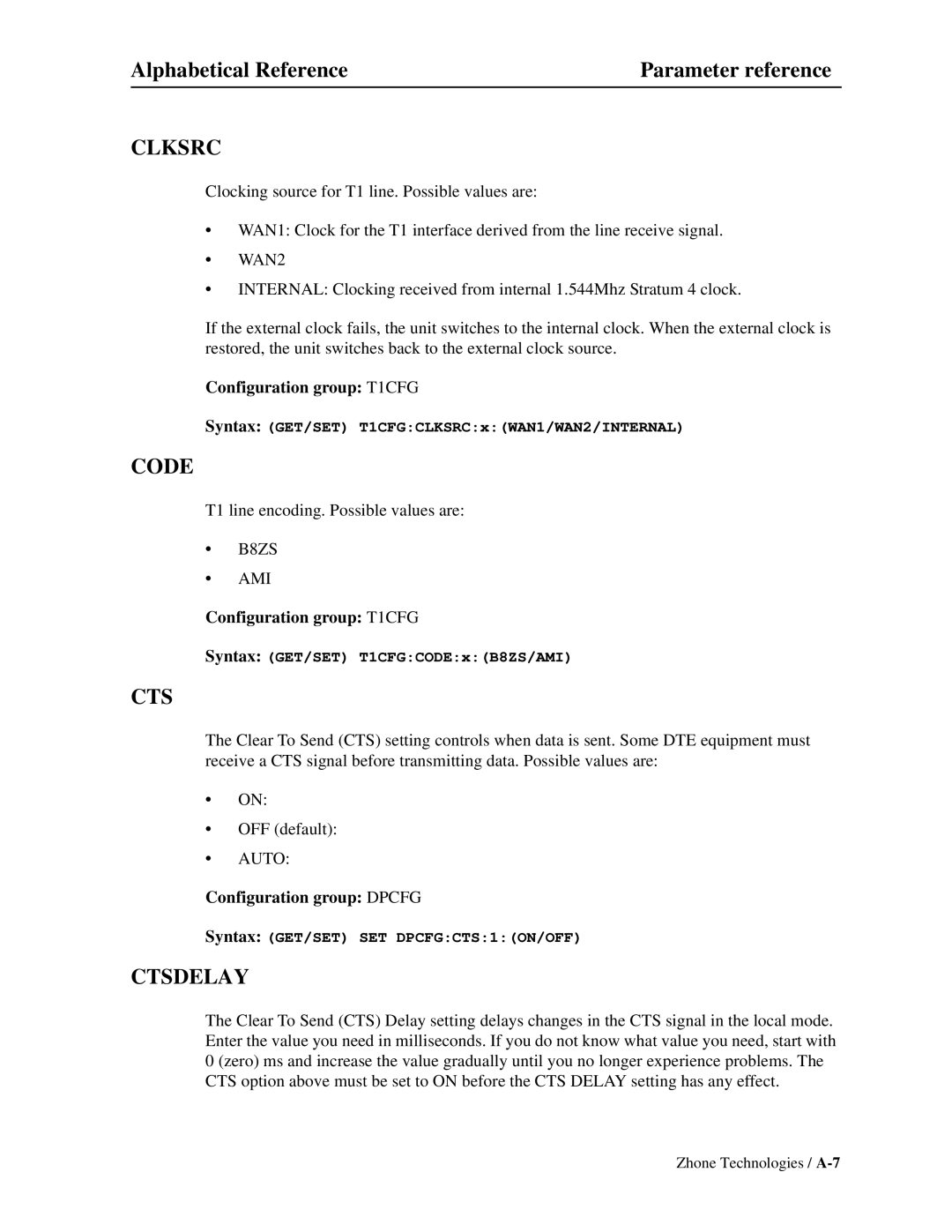 Zhone Technologies Z-PLEX-10-24-DOC-SC manual Clksrc, Code, Ctsdelay 