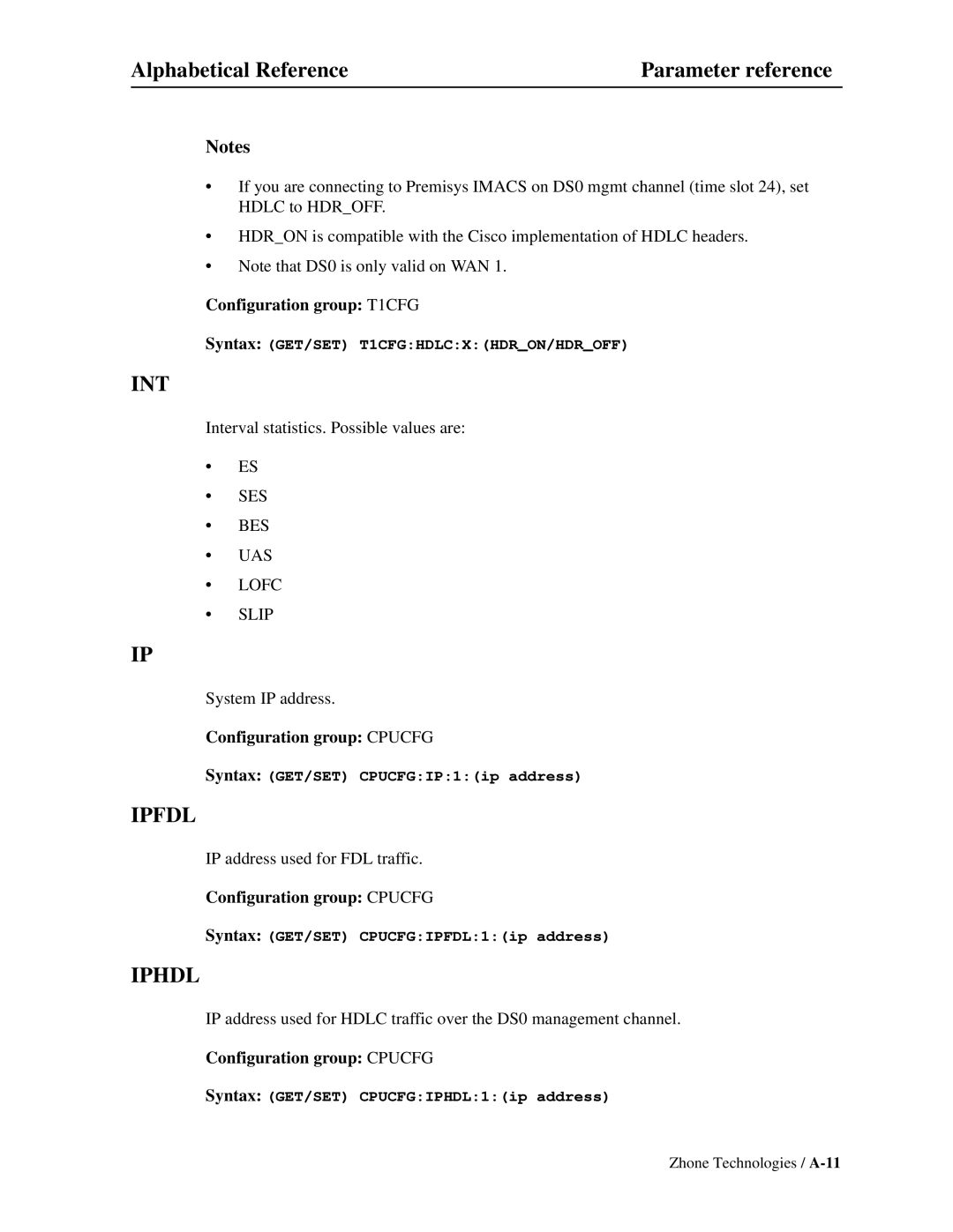 Zhone Technologies Z-PLEX-10-24-DOC-SC manual Int, Ipfdl, Iphdl 