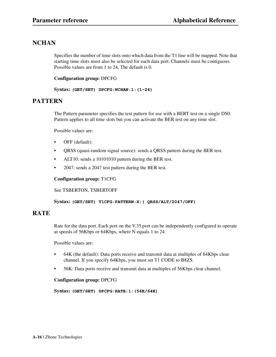 Zhone Technologies Z-PLEX-10-24-DOC-SC manual Nchan, Pattern, Rate 