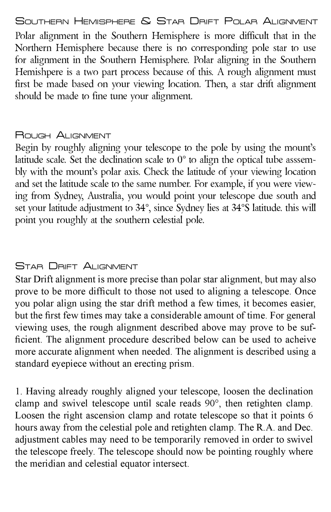 Zhumell ECLIPSE 114 manual Southern Hemisphere & Star Drift Polar Alignment 