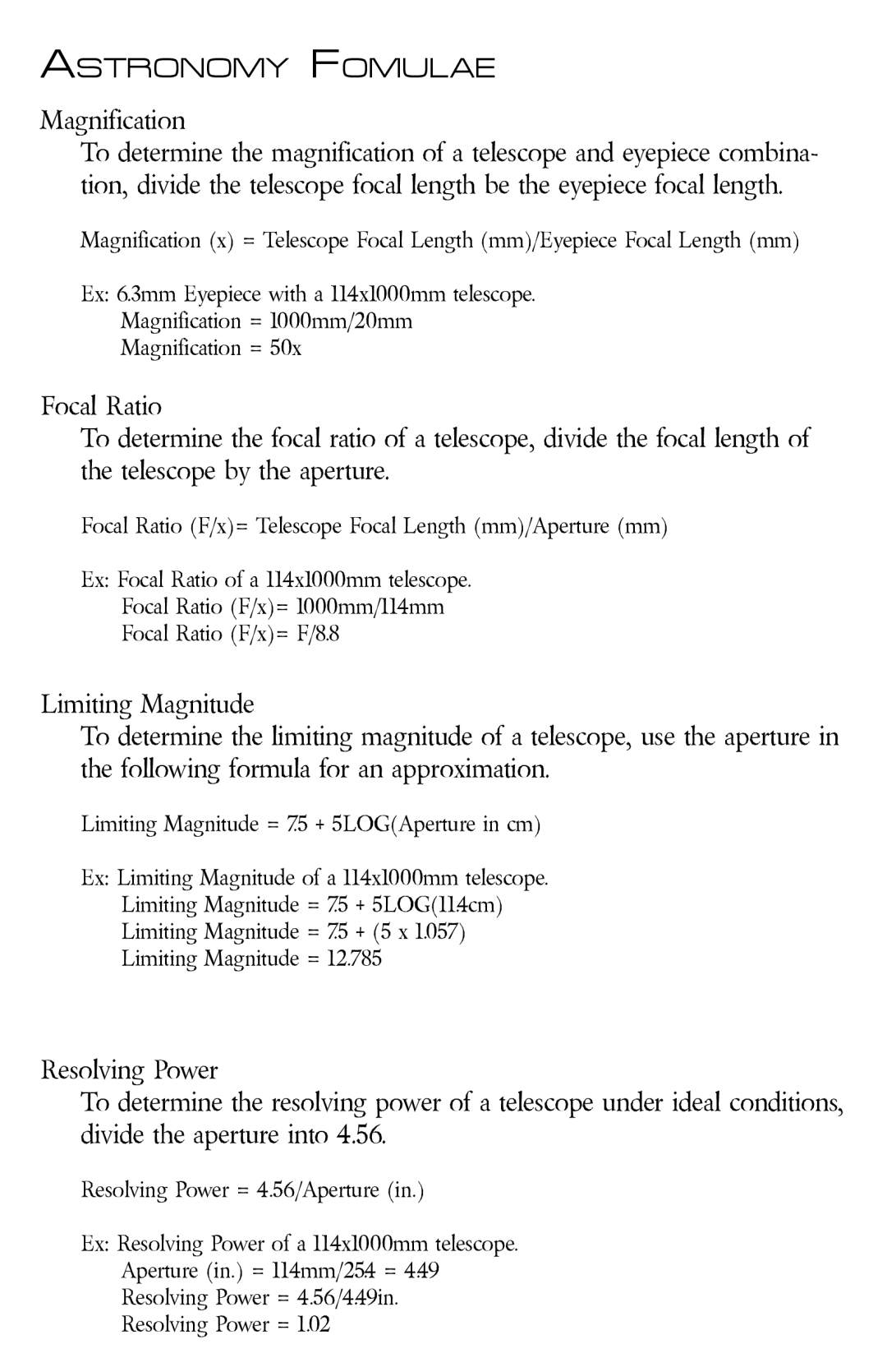 Zhumell ECLIPSE 114 manual Astronomy Fomulae, Magnification 