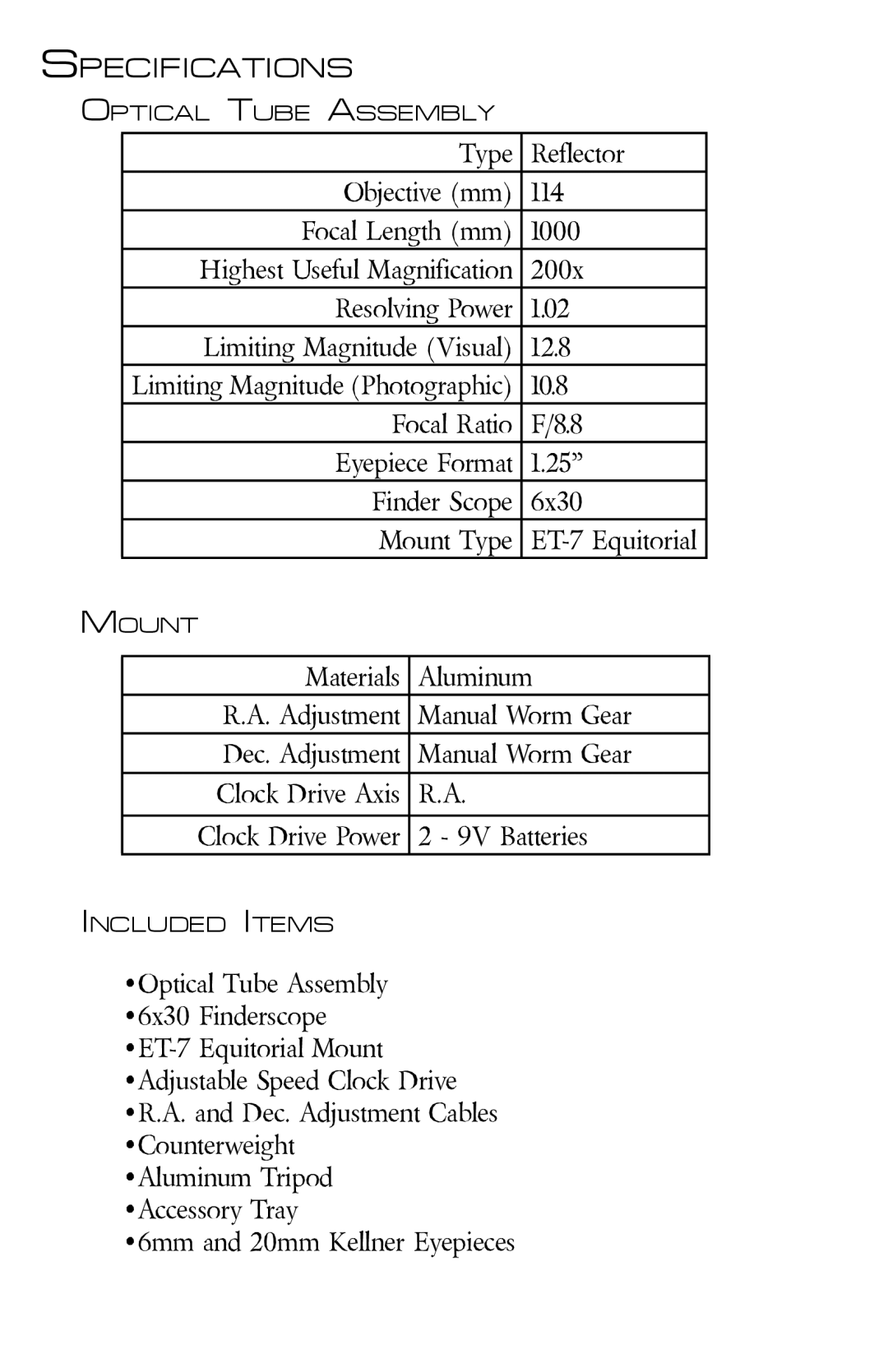 Zhumell ECLIPSE 114 manual Specifications 