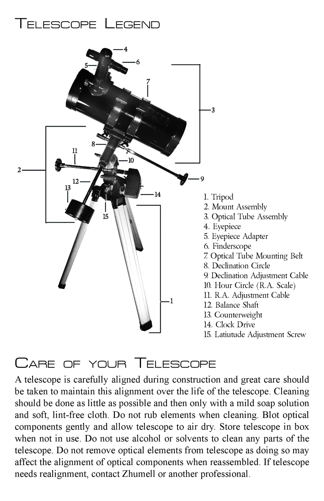 Zhumell ECLIPSE 114 manual Telescope Legend, Care of Your Telescope 