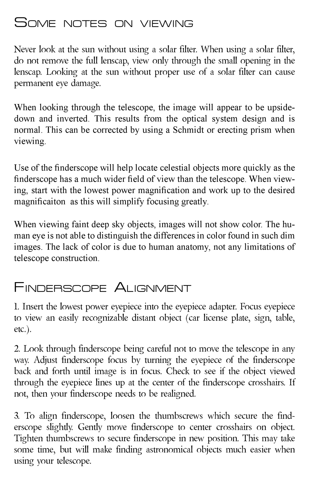 Zhumell ECLIPSE 114 manual Some Notes on Viewing, Finderscope Alignment 