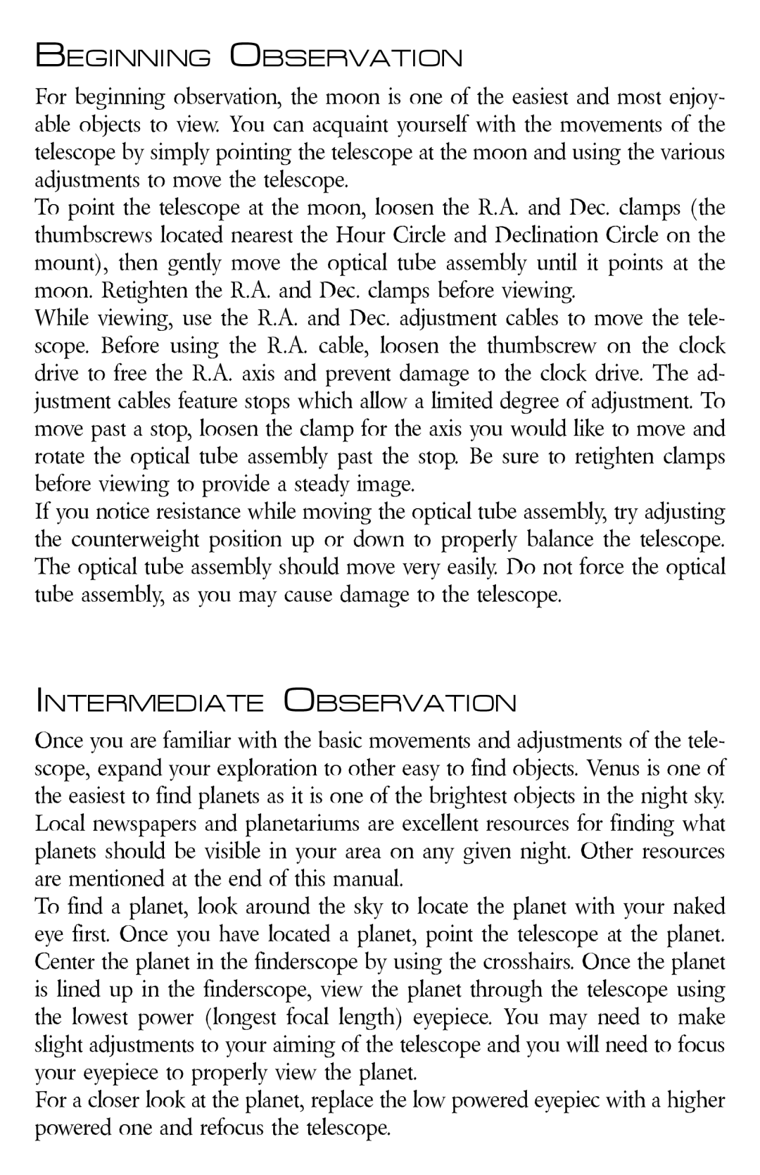 Zhumell ECLIPSE 114 manual Beginning Observation, Intermediate Observation 