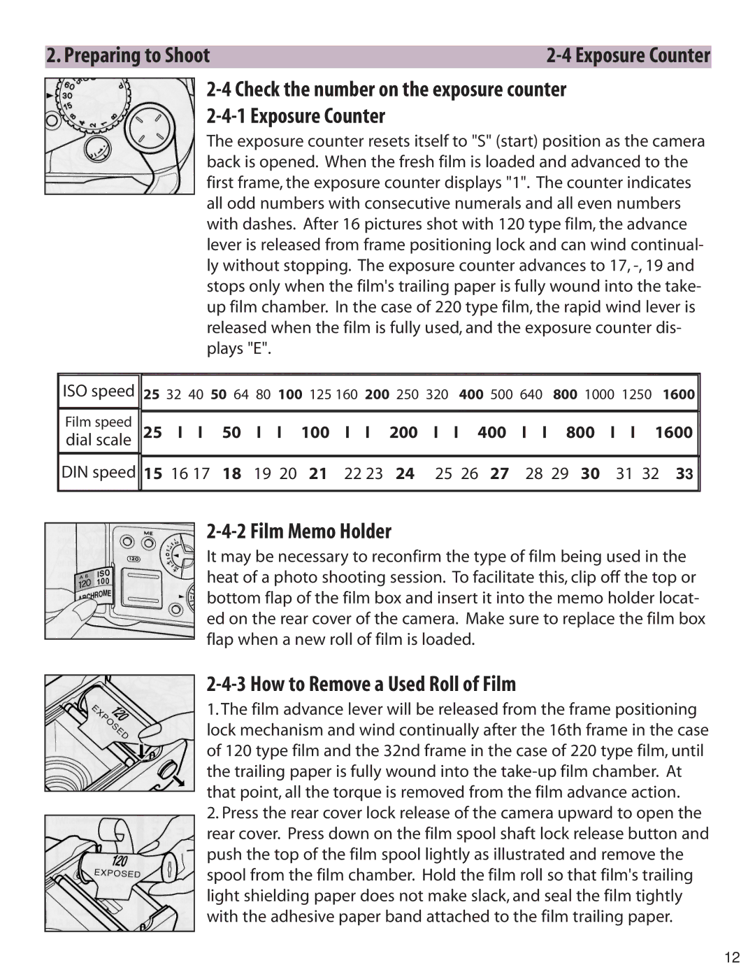 Zhumell RF645 manual Film Memo Holder, How to Remove a Used Roll of Film, 100 200 400 800, 25 26 28 29 