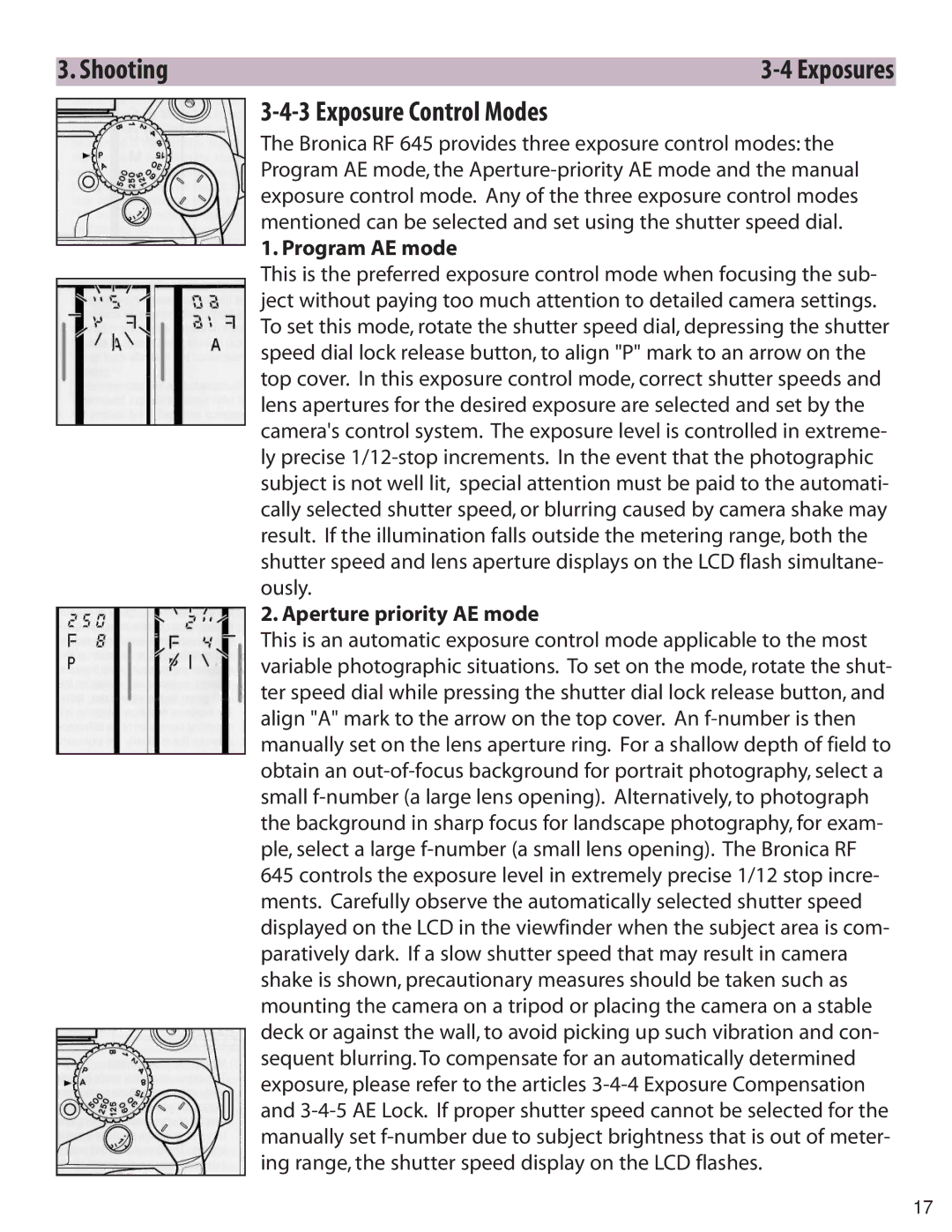 Zhumell RF645 manual Exposure Control Modes, Program AE mode, Aperture priority AE mode 