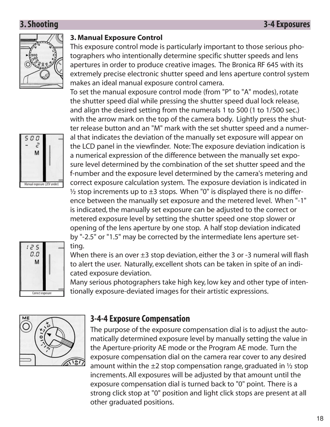 Zhumell RF645 manual Exposures, Exposure Compensation, Manual Exposure Control 