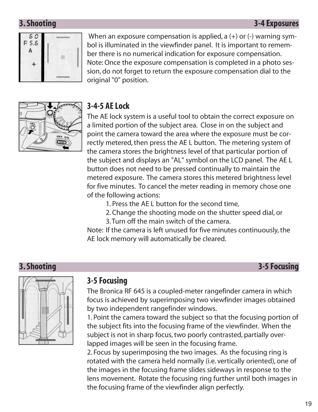 Zhumell RF645 manual Shooting Exposures, AE Lock, Focusing 