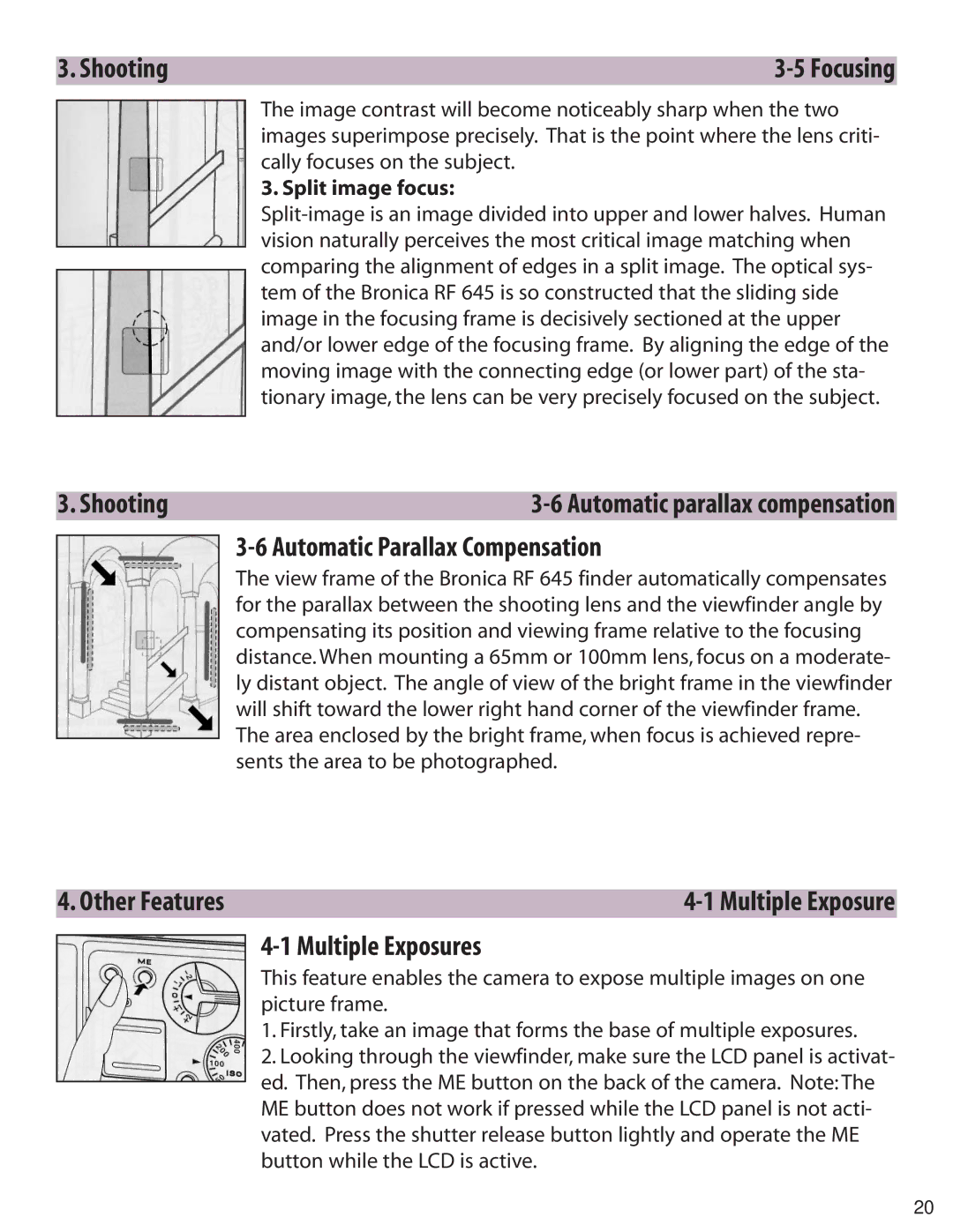 Zhumell RF645 manual Automatic Parallax Compensation, Other Features, Multiple Exposures, Split image focus 