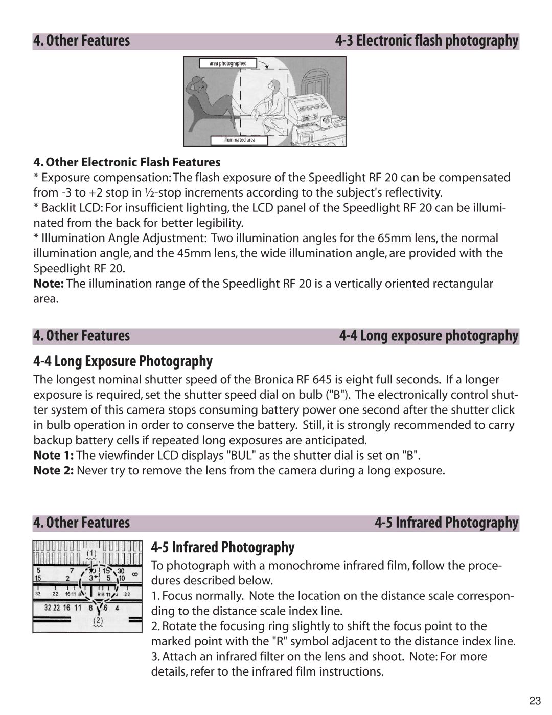 Zhumell RF645 manual Long Exposure Photography, Infrared Photography, Other Electronic Flash Features 