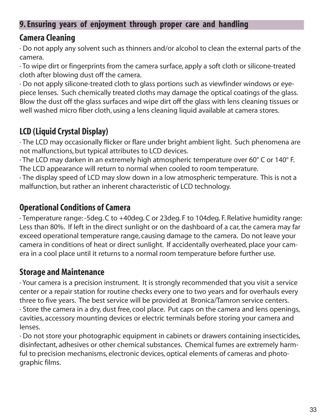 Zhumell RF645 manual LCD Liquid Crystal Display, Operational Conditions of Camera, Storage and Maintenance 