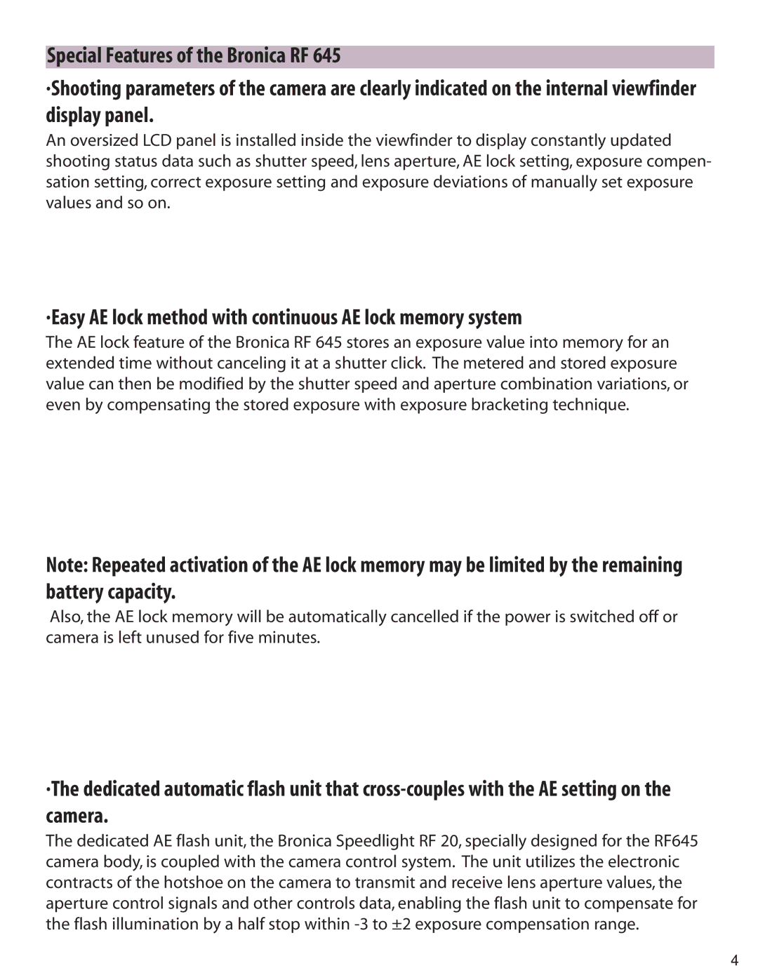 Zhumell RF645 manual ·Easy AE lock method with continuous AE lock memory system 