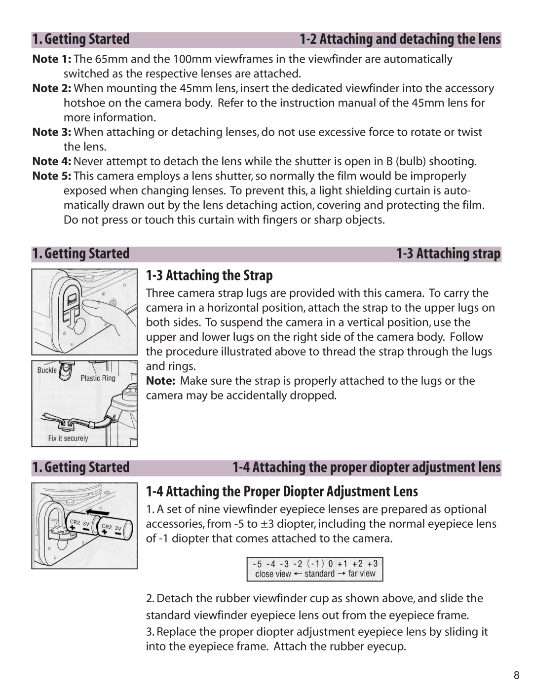 Zhumell RF645 manual Attaching the Strap, Attaching the Proper Diopter Adjustment Lens, Getting Started 