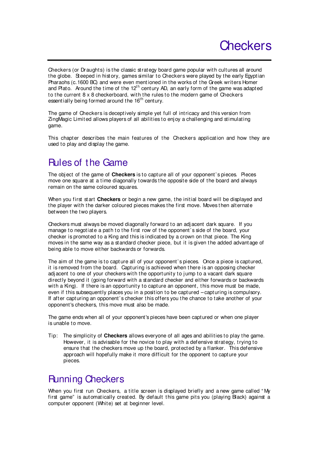 Zing Magic S60 manual Rules of the Game, Running Checkers 