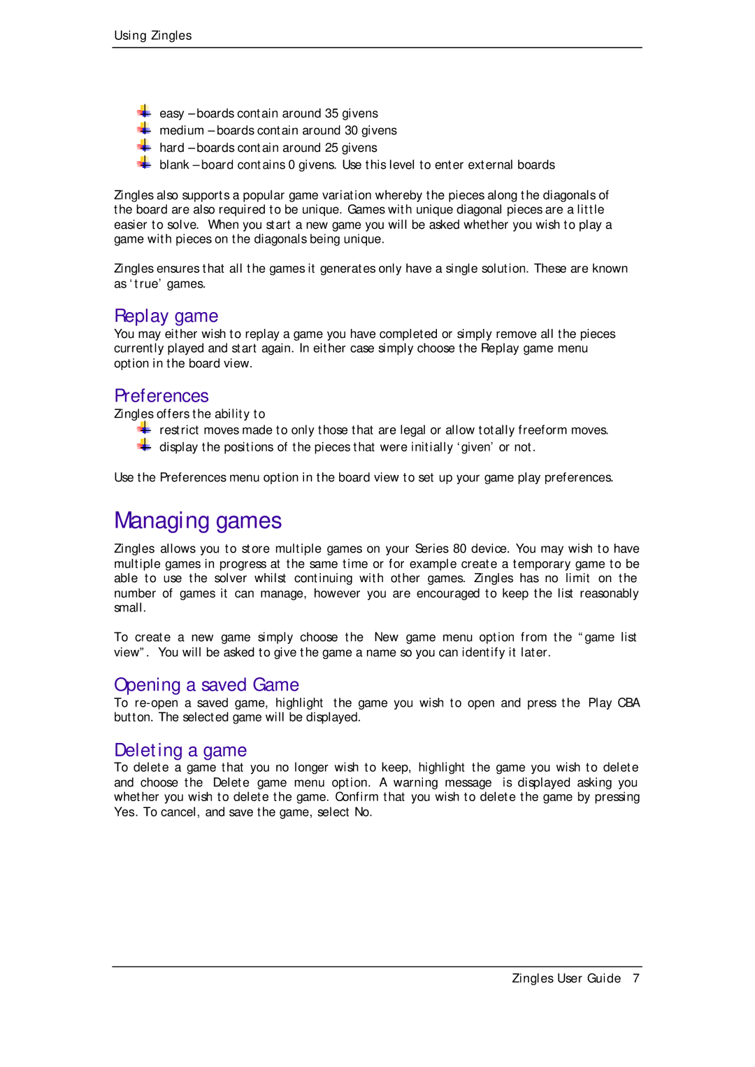 Zing Magic Series 80 manual Managing games, Replay game, Preferences, Opening a saved Game, Deleting a game 