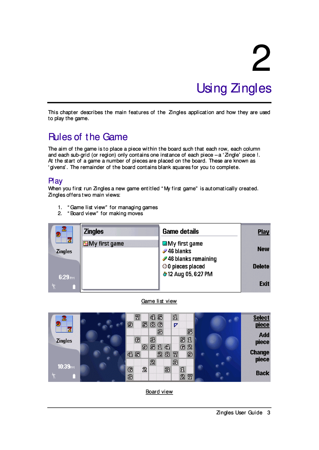 Zing Magic Series 80 manual Using Zingles, Rules of the Game, Play, Game list view Board view Zingles User Guide 