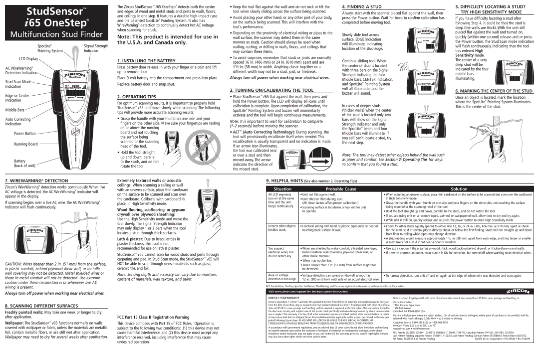 Zircon I65 manual Installing the Battery, Operating Tips, Turning ON/CALIBRATING the Tool, Finding a Stud 