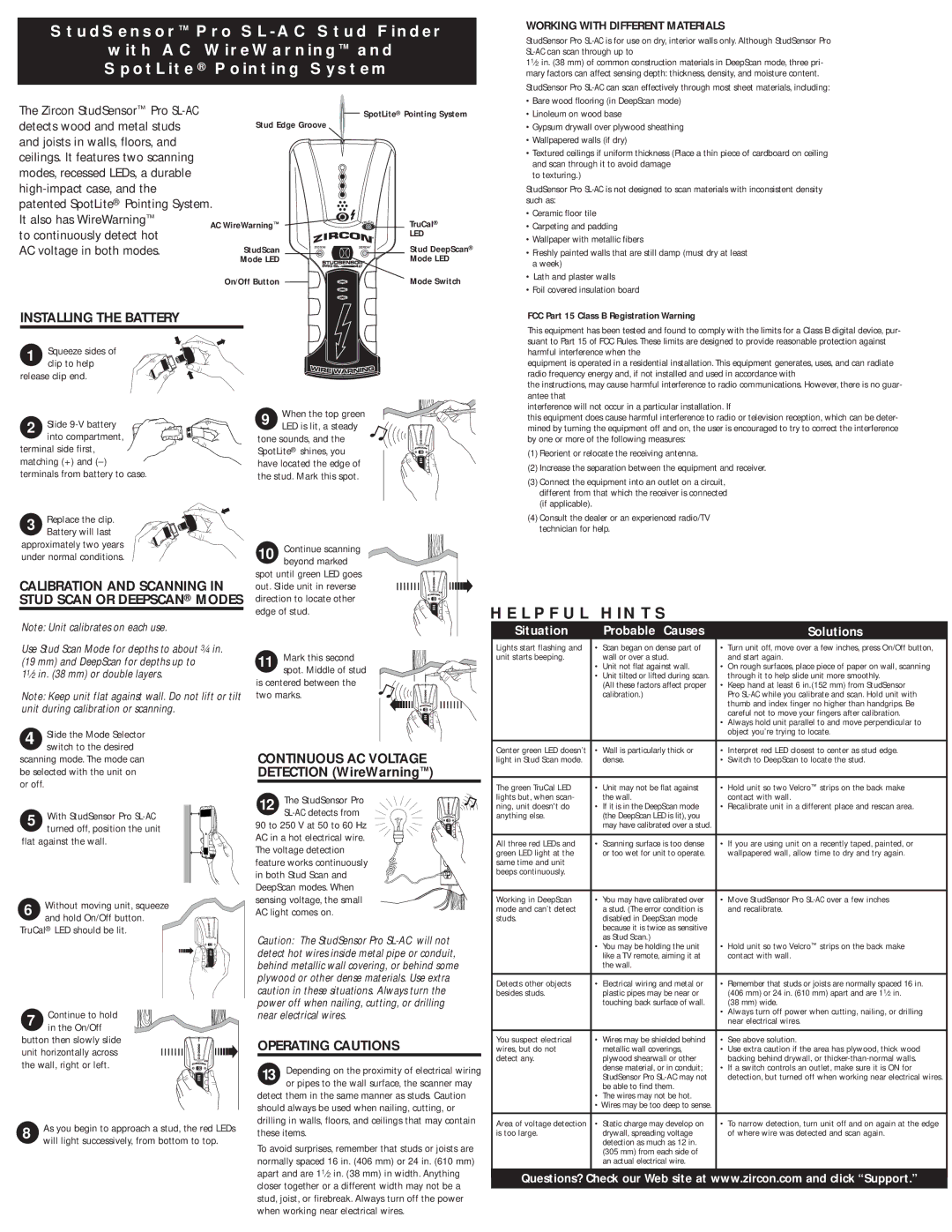 Zircon SL-AC manual Working with Different Materials, Installing the Battery, Operating Cautions 