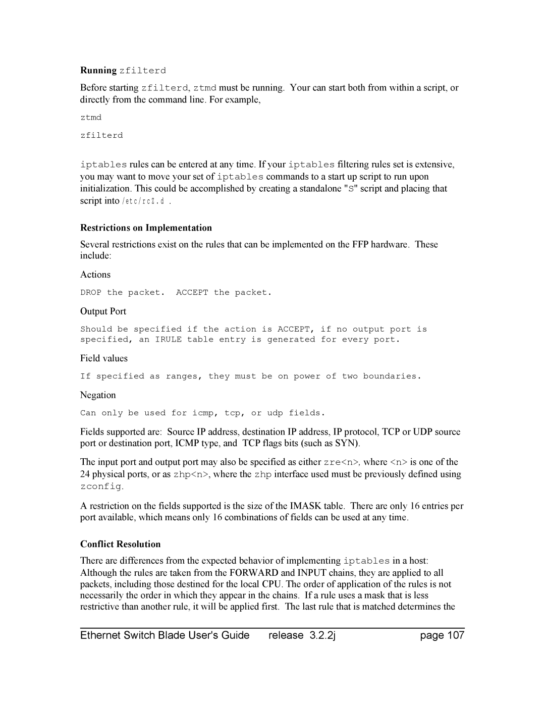 Znyx Networks bh5700 manual Running zfilterd, Restrictions on Implementation, Output Port, Field values, Negation 