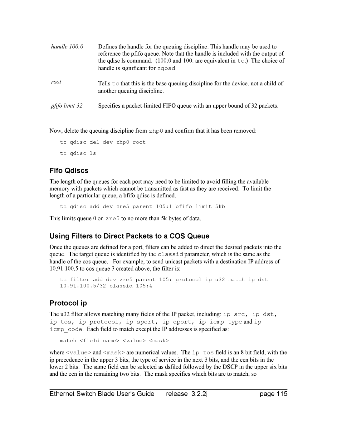 Znyx Networks bh5700 manual Fifo Qdiscs, Using Filters to Direct Packets to a COS Queue, Protocol ip 
