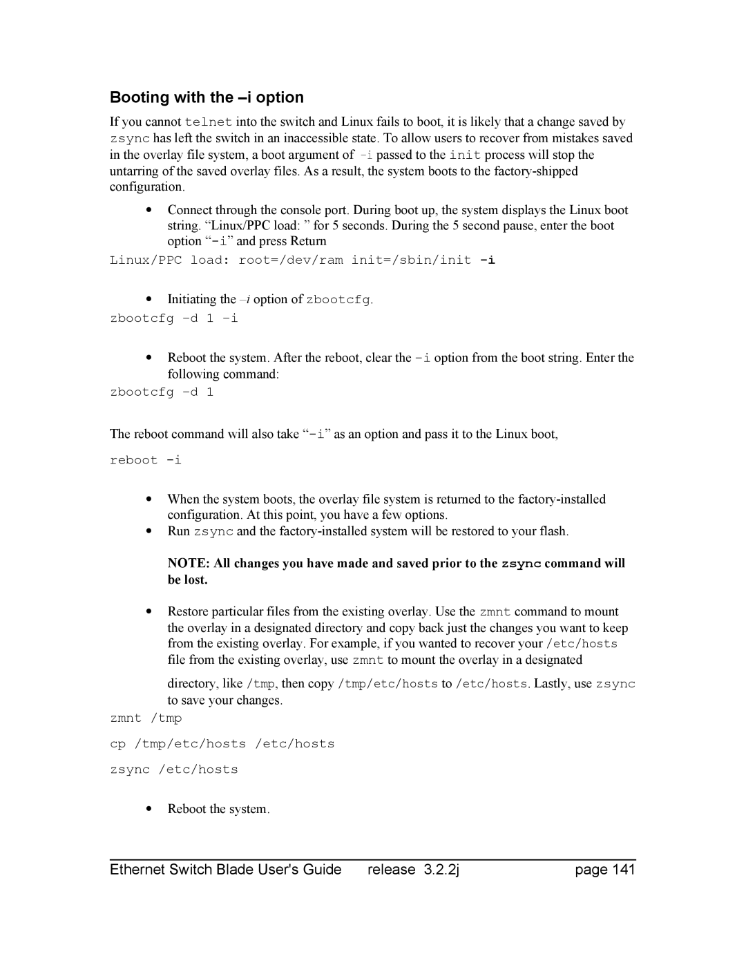 Znyx Networks bh5700 manual Booting with the -i option, ∙ Reboot the system 