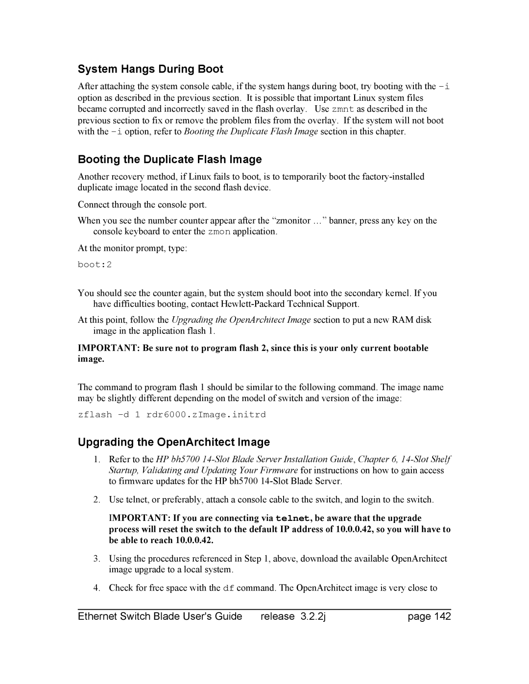Znyx Networks bh5700 manual System Hangs During Boot, Booting the Duplicate Flash Image, Upgrading the OpenArchitect Image 