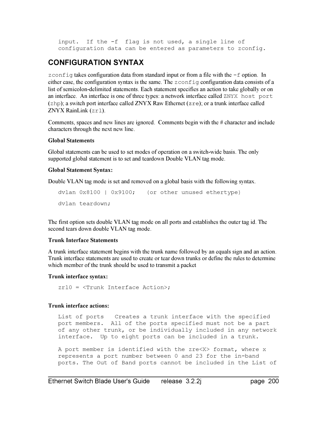 Znyx Networks bh5700 manual Global Statements, Global Statement Syntax, Trunk Interface Statements, Trunk interface syntax 