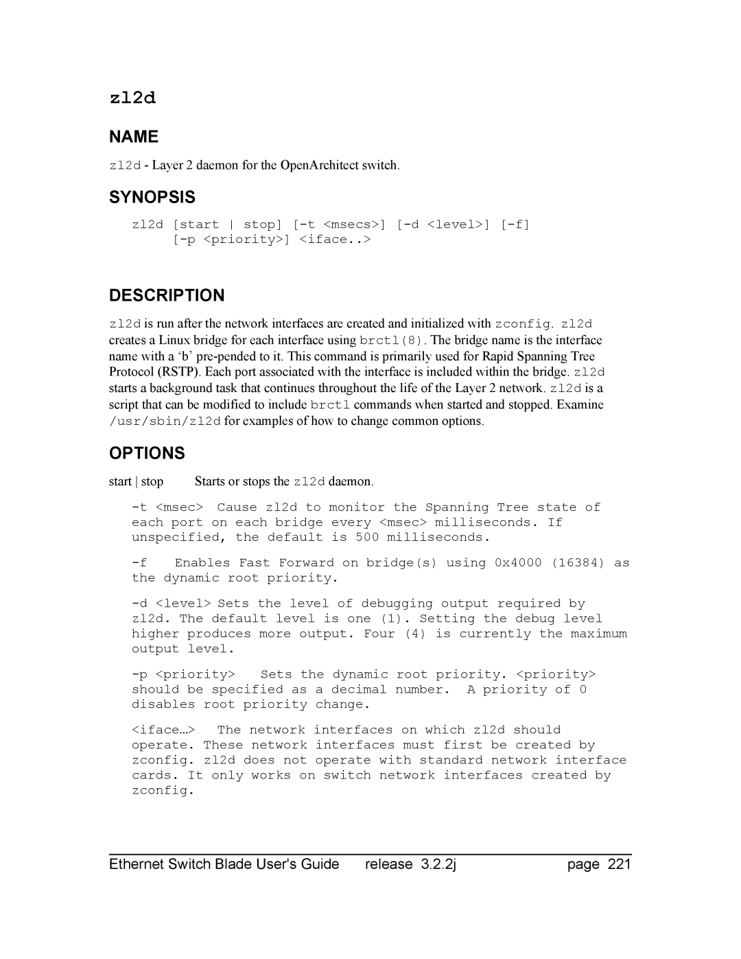 Znyx Networks bh5700 manual Zl2d Layer 2 daemon for the OpenArchitect switch, Start stop 