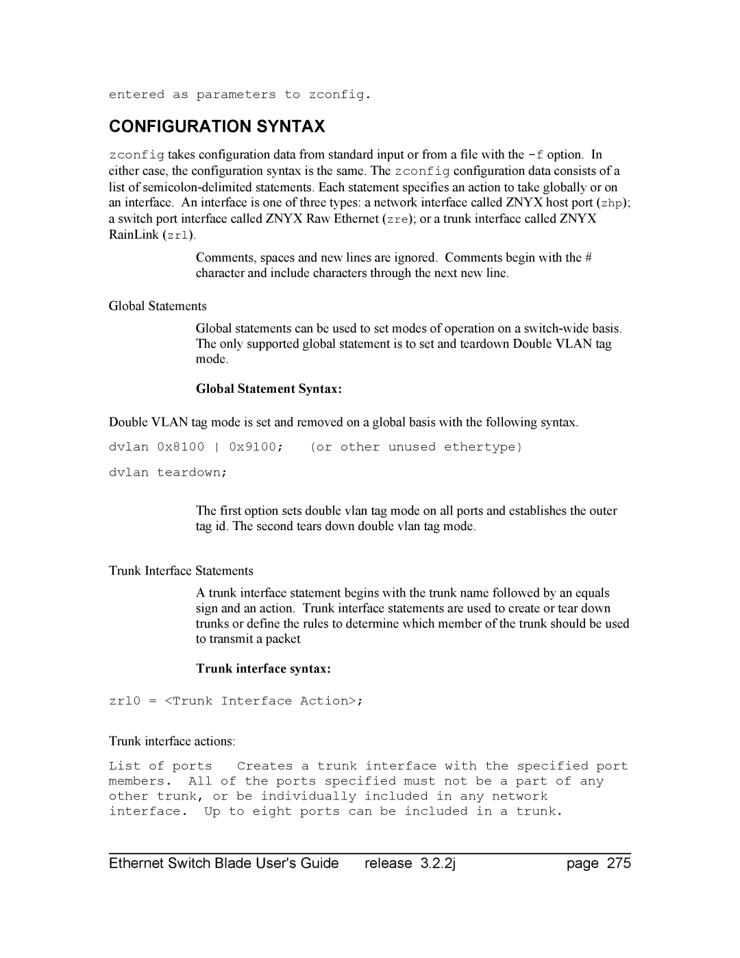 Znyx Networks bh5700 manual Global Statement Syntax, Trunk interface actions 