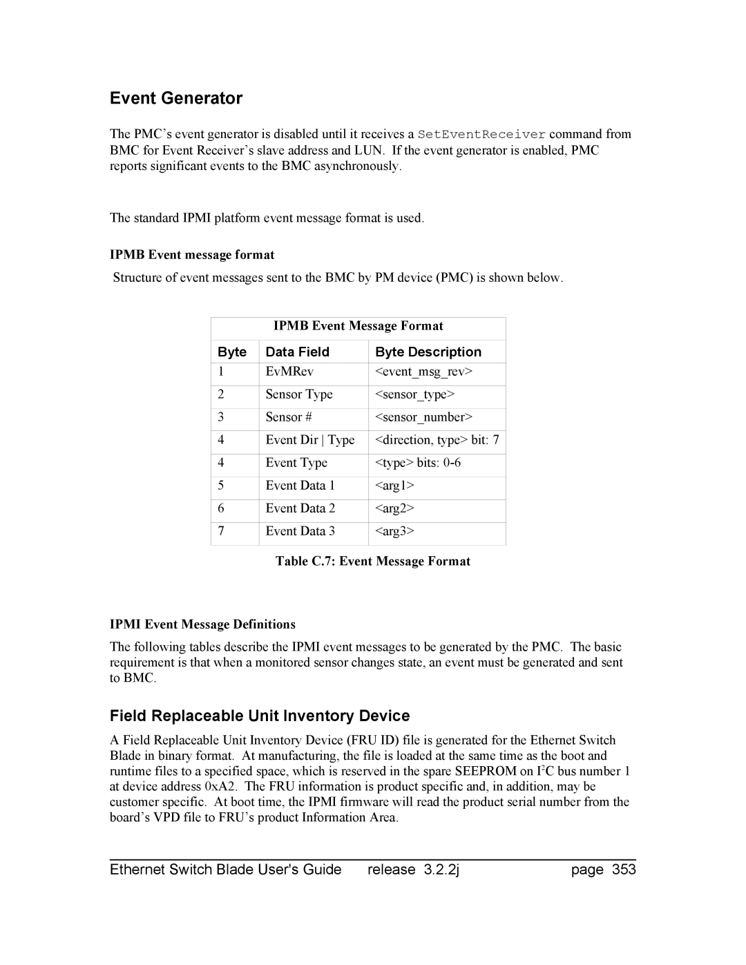 Znyx Networks bh5700 manual Event Generator, Field Replaceable Unit Inventory Device, Ipmb Event message format 