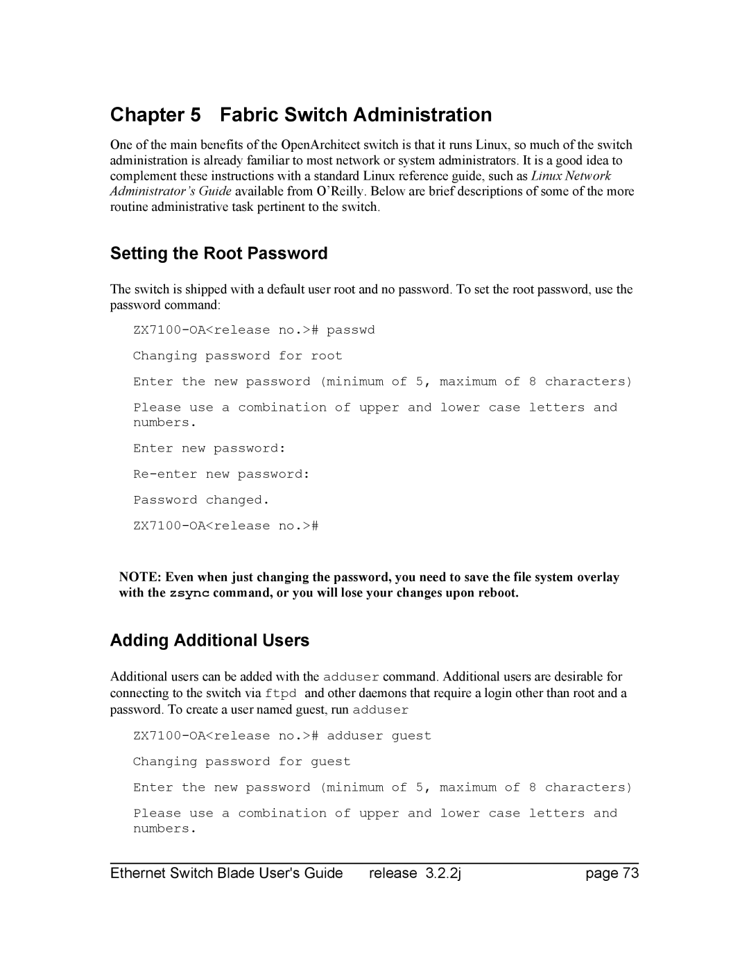 Znyx Networks bh5700 manual Fabric Switch Administration, Setting the Root Password, Adding Additional Users 