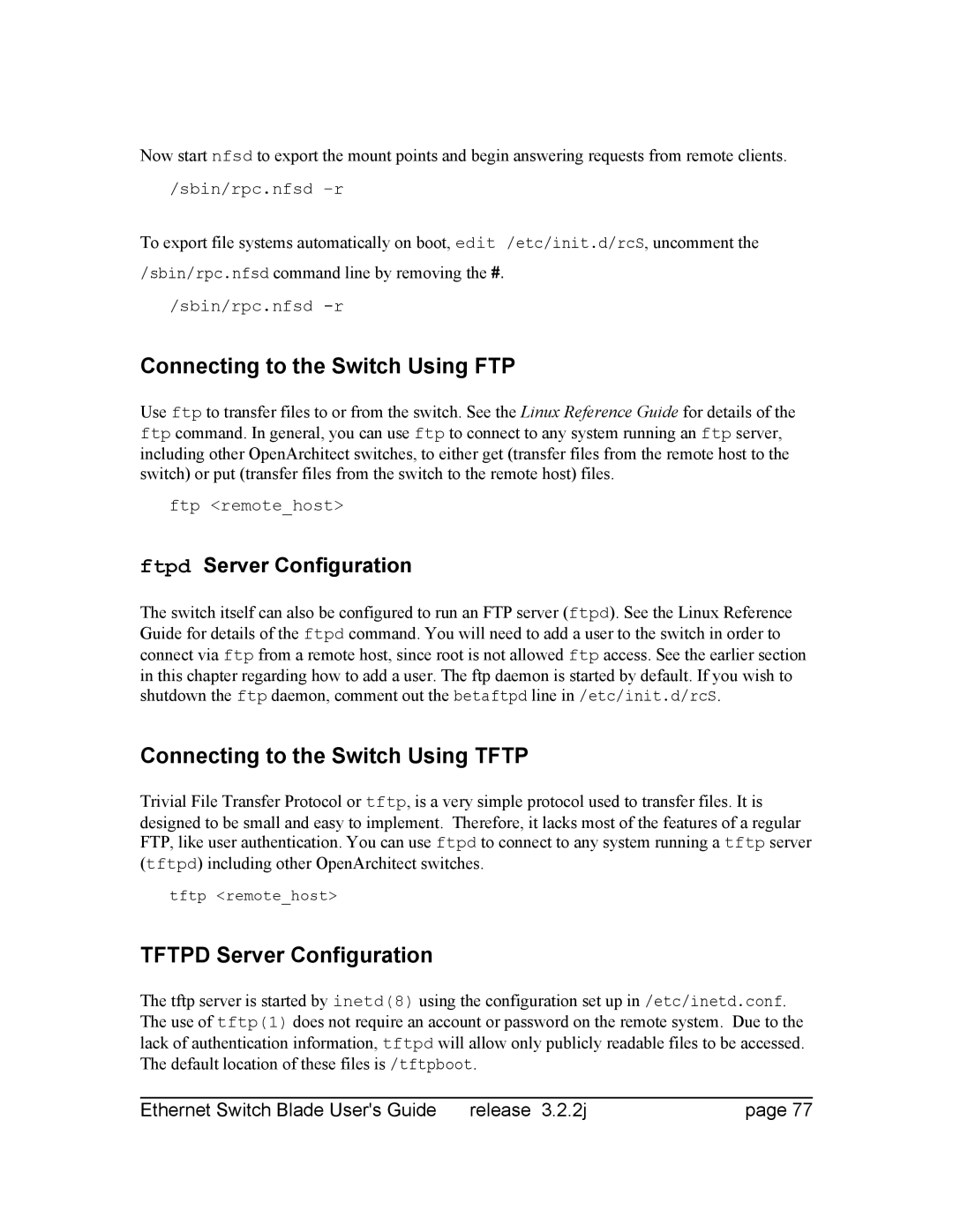 Znyx Networks bh5700 Connecting to the Switch Using FTP, Connecting to the Switch Using Tftp, Tftpd Server Configuration 