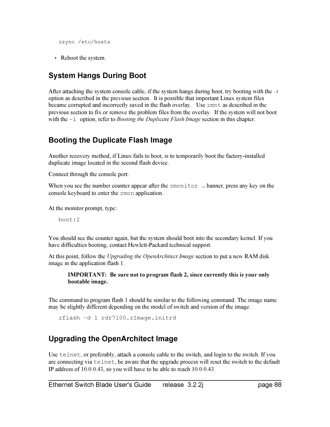 Znyx Networks bh5700 manual System Hangs During Boot, Booting the Duplicate Flash Image, Upgrading the OpenArchitect Image 