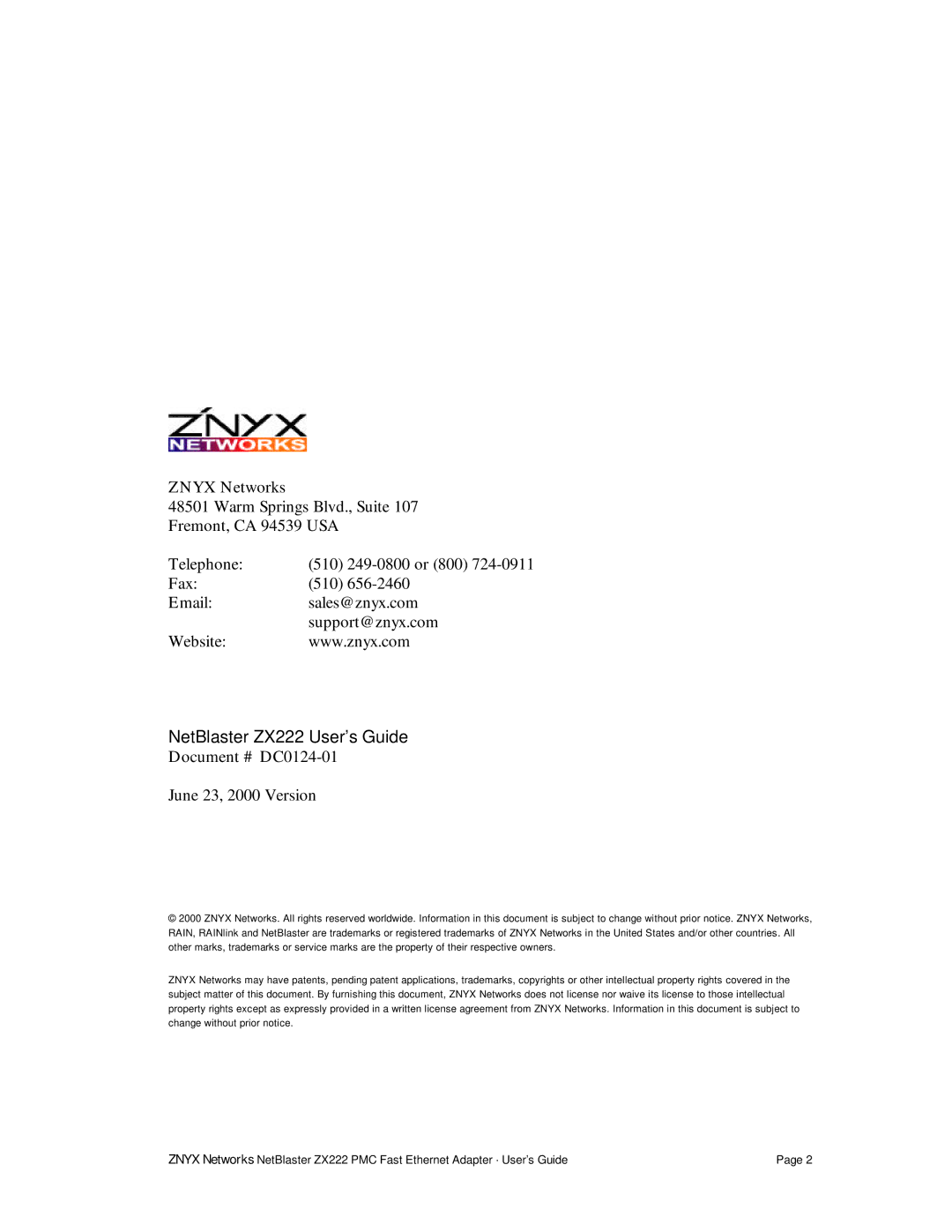 Znyx Networks manual NetBlaster ZX222 Users Guide 