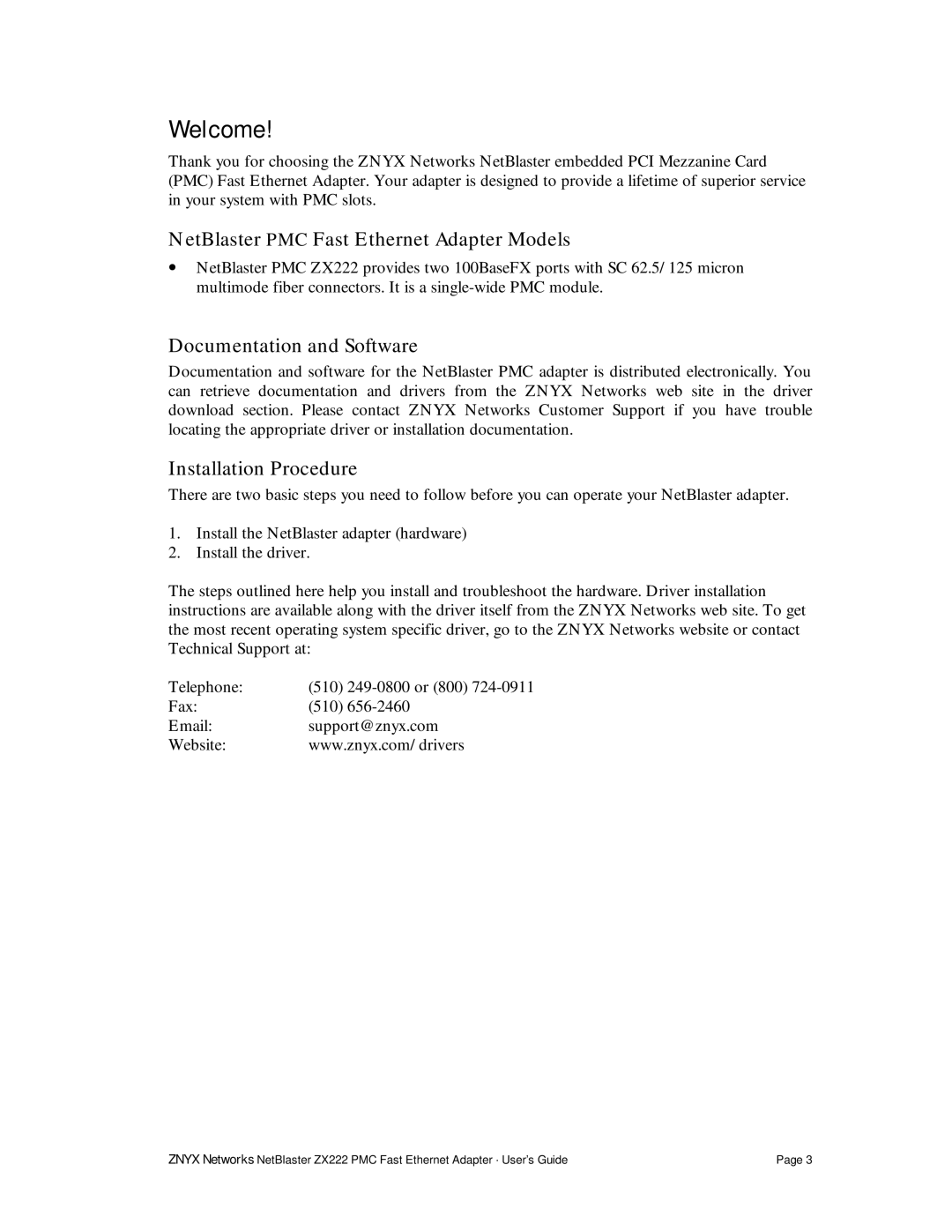 Znyx Networks ZX222 manual Welcome, NetBlaster PMC Fast Ethernet Adapter Models, Documentation and Software 