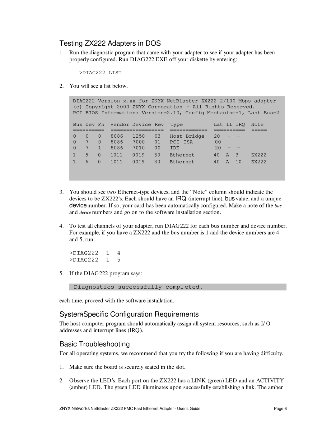 Znyx Networks manual Testing ZX222 Adapters in DOS, System-Specific Configuration Requirements, Basic Troubleshooting 