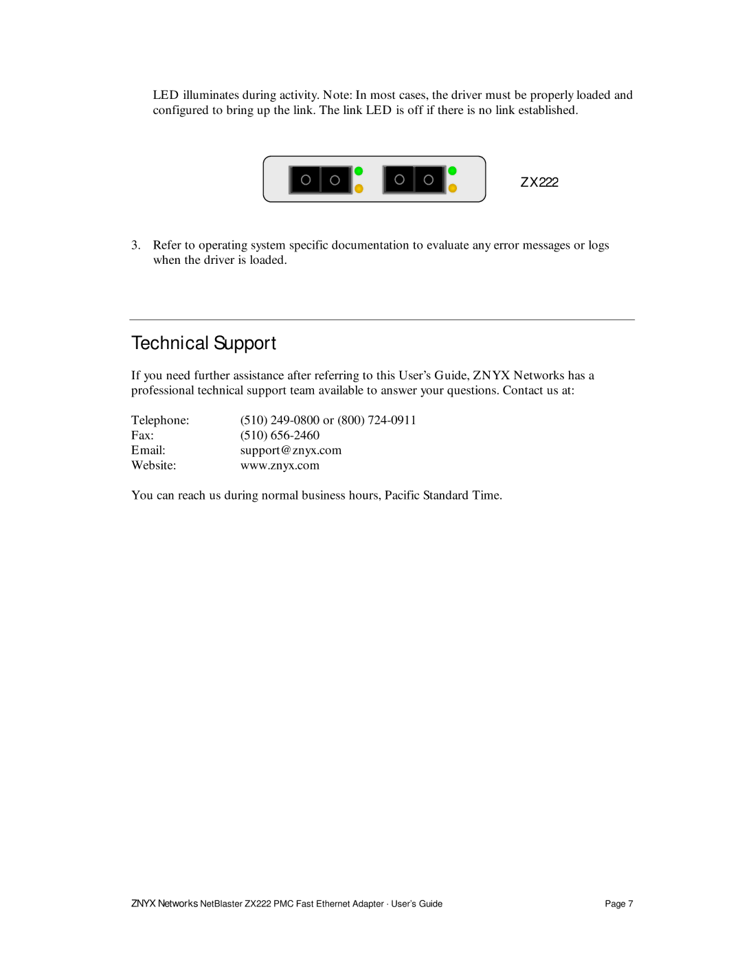 Znyx Networks ZX222 manual Technical Support 