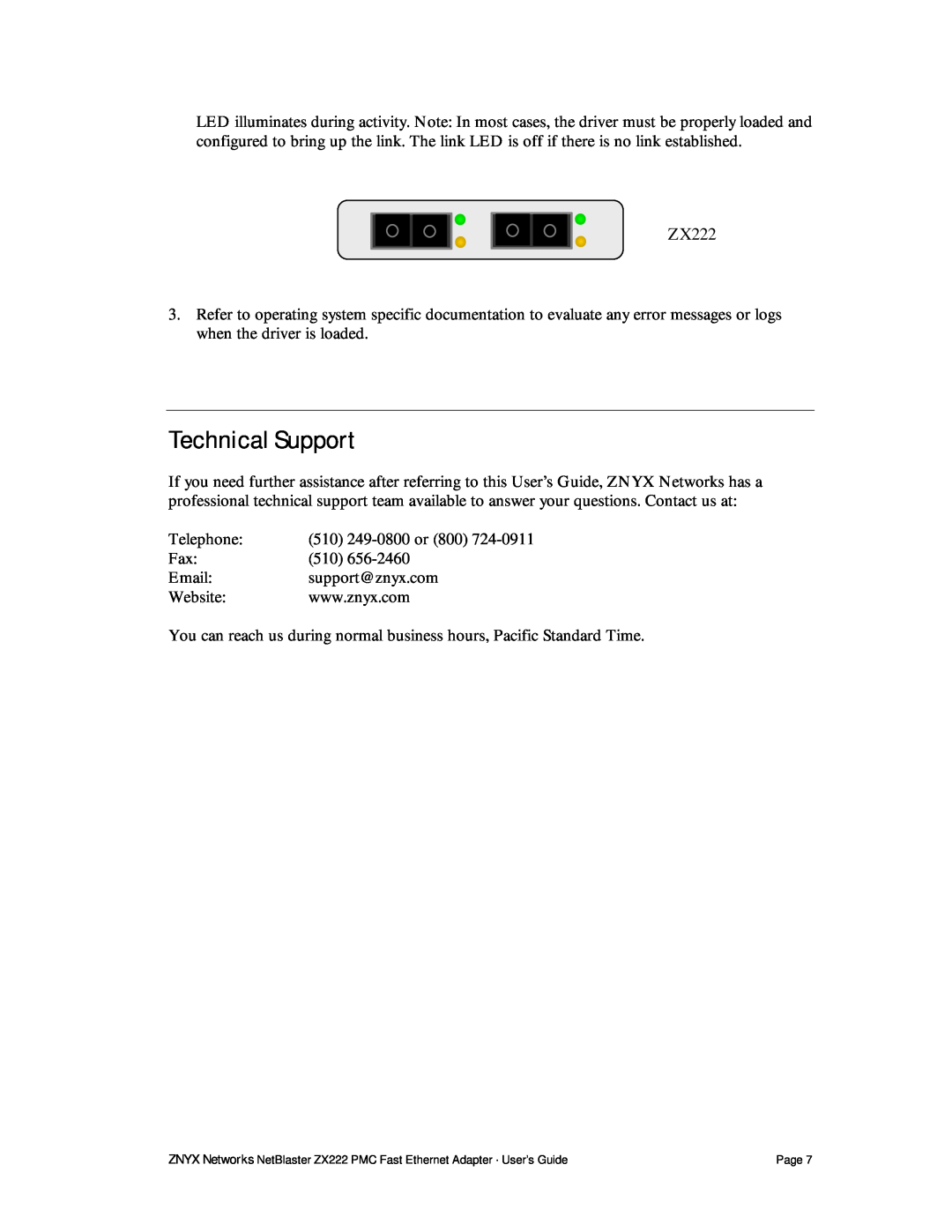 Znyx Networks ZX222 manual Technical Support 