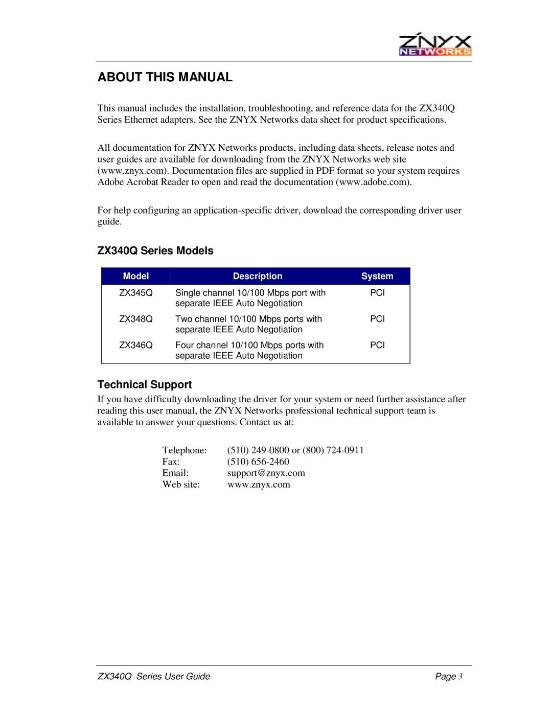 Znyx Networks manual About this Manual, ZX340Q Series Models, Technical Support, Model Description System 