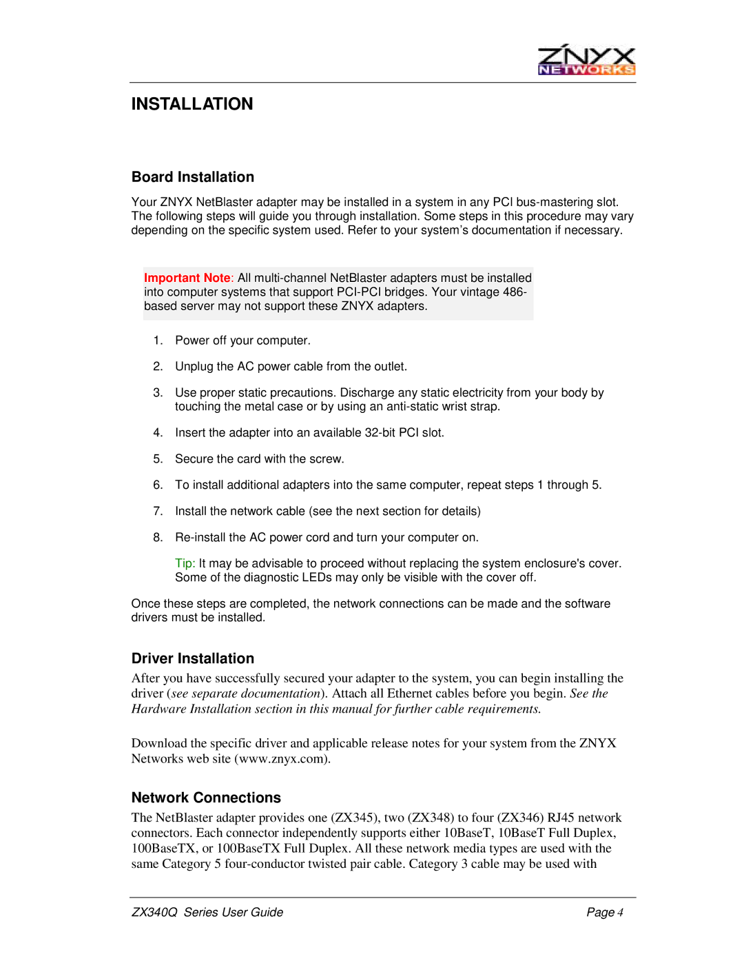 Znyx Networks ZX340Q manual Board Installation, Driver Installation, Network Connections 