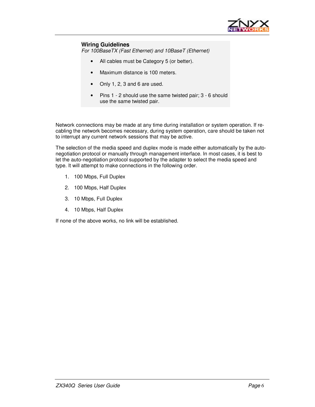 Znyx Networks ZX340Q manual Wiring Guidelines 