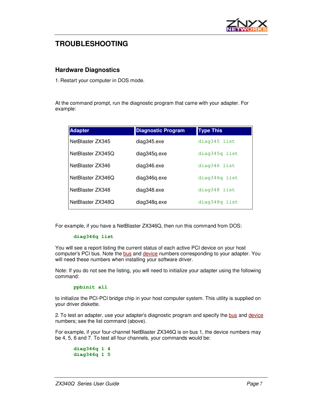 Znyx Networks ZX340Q manual Troubleshooting, Hardware Diagnostics, Adapter Diagnostic Program Type This 