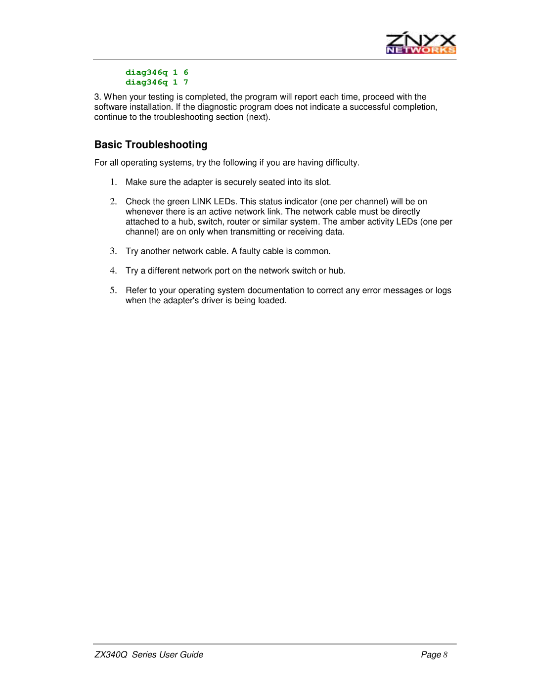 Znyx Networks ZX340Q manual Basic Troubleshooting, Diag346q 1 6 diag346q 1 