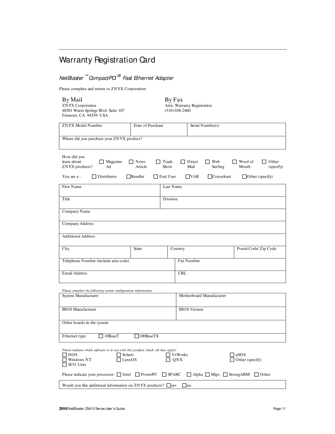 Znyx Networks ZX410 manual Warranty Registration Card, NetBlaster CompactPCI Fast Ethernet Adapter 