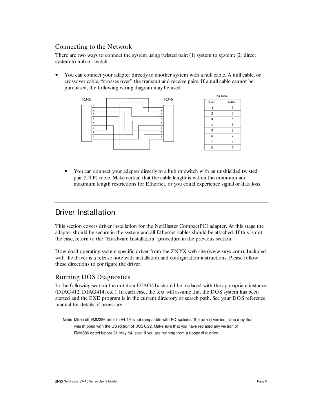 Znyx Networks ZX410 manual Driver Installation, Connecting to the Network, Running DOS Diagnostics 