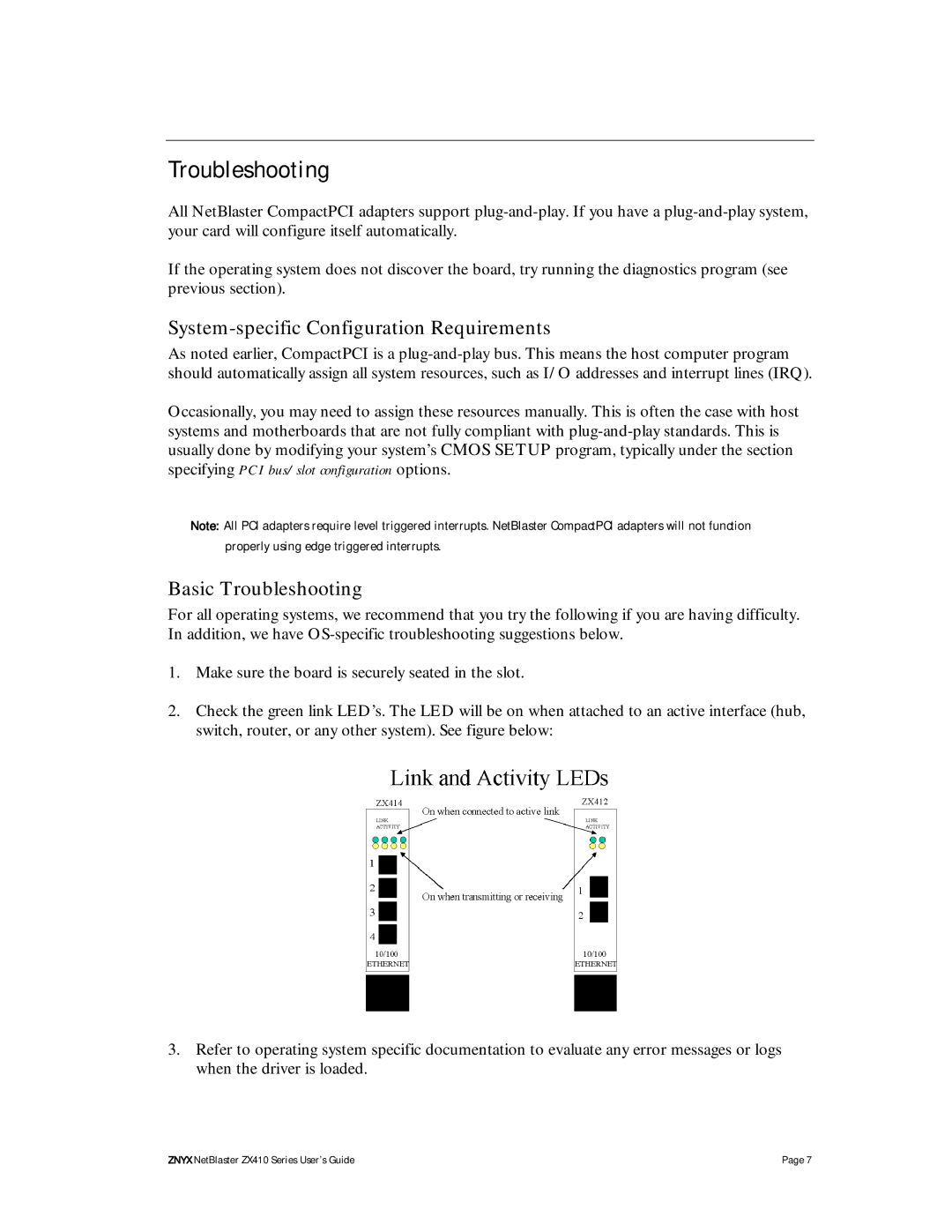 Znyx Networks ZX410 manual System-specific Configuration Requirements, Basic Troubleshooting 