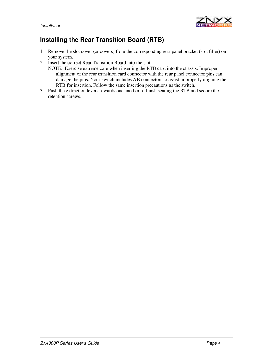 Znyx Networks ZX4300P manual Installing the Rear Transition Board RTB 