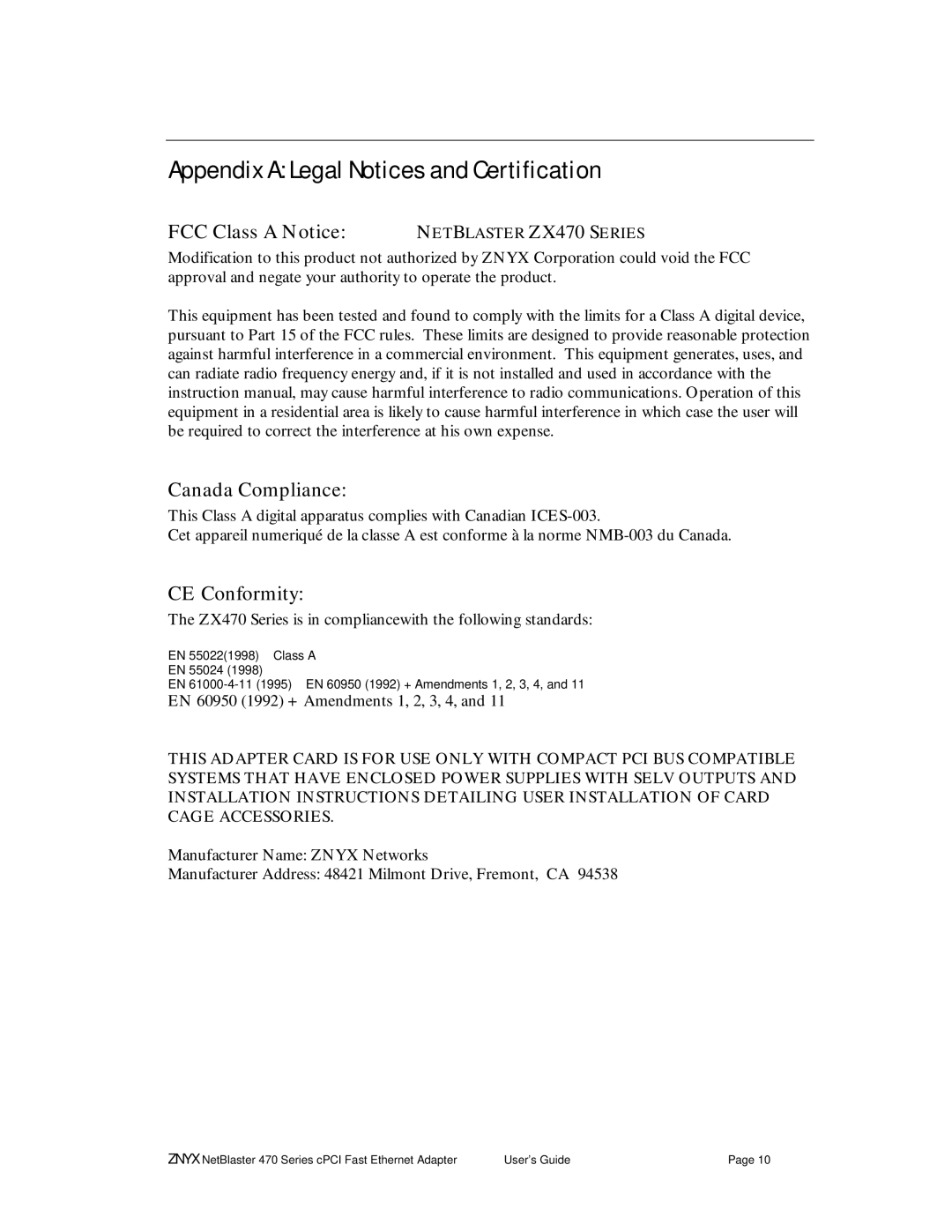 Znyx Networks ZX470 Series manual Appendix a Legal Notices and Certification, FCC Class a Notice, Canada Compliance 